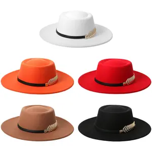 Women's Elegant Felt Dome Flat Brim Hat Fedora Hatwith Metal Fishbone Decorative Band Panama Cap Perfect for Formal Casual Looks