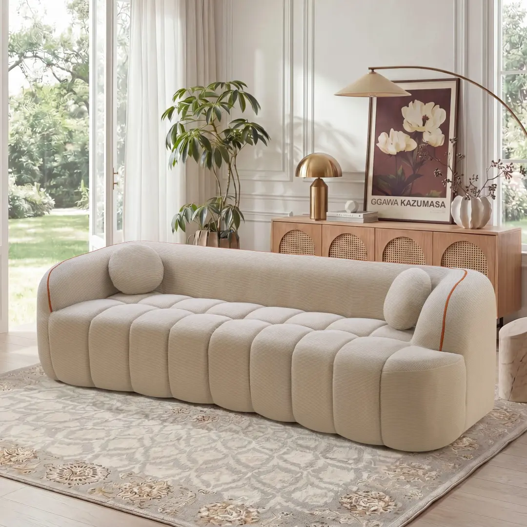 98.4" Modern Cloud Sofa, 3-Seater Cream Style Corduroy Couch with 2 Round Pillows, Low Armrest Upholstered Sofa for Living Room Bedroom, No Assembly Required (Camel)