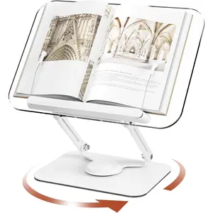 Acrylic Book Stand for Reading, Adjustable Book Holder with 360° Rotating Base & Elastic Page Clips, Foldable Desktop Riser Stand for Cookbook,Laptop,Tablet,Music Scores,Recipe,Textbook