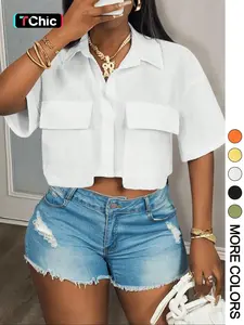 Women's Solid Color Short Sleeve Shirt, Casual Elastic Pocket Design Crop Top for Summer, Women's Clothing for Daily Wear
