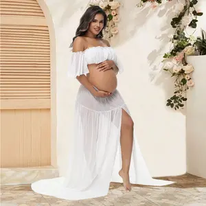 Chiffon Ruffle Sleeves Tube Top & Split Skirt Maternity Dress Pregnant Outfits for Photoshoot Photography