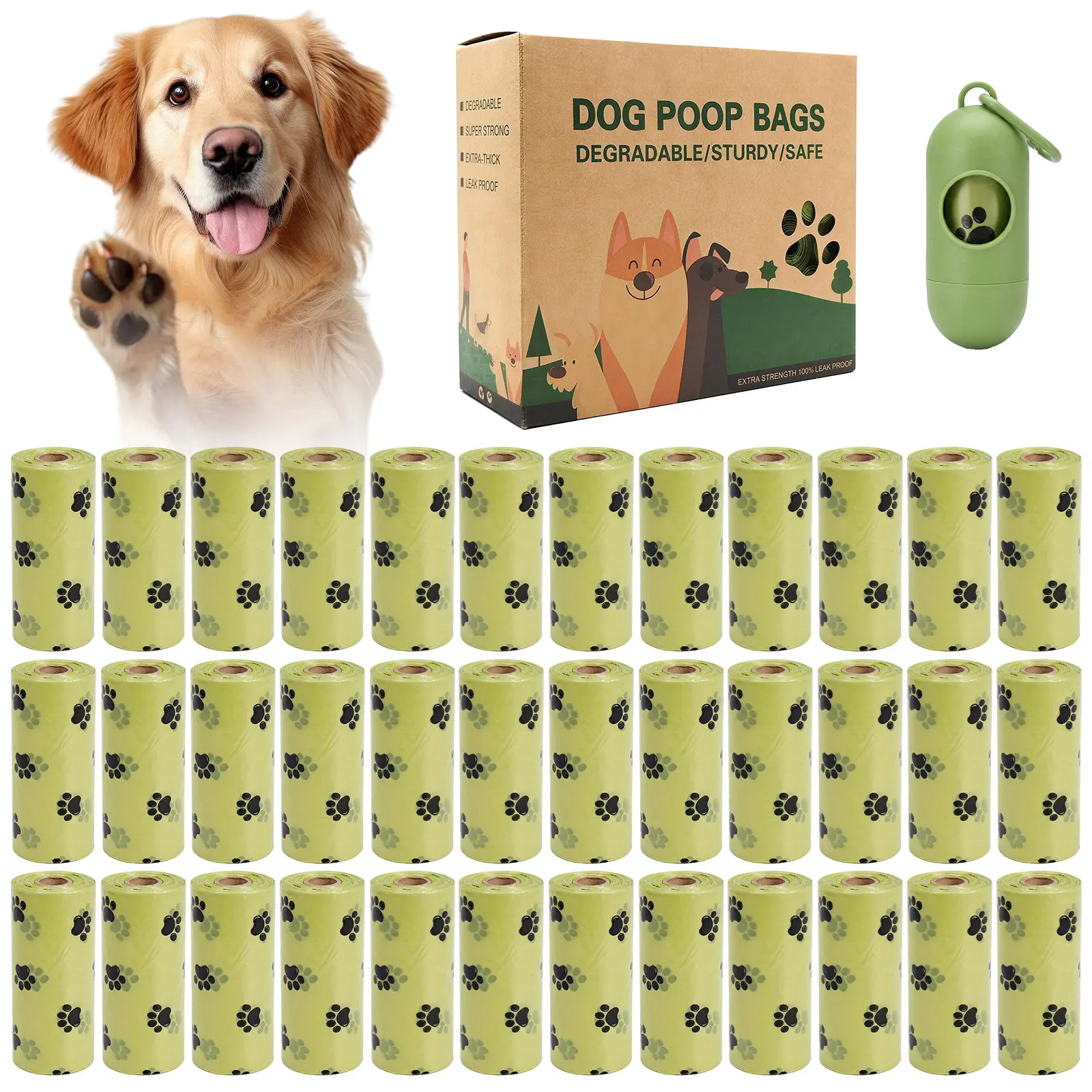 Thickened 1.0 Biodegradable Pet Poop Bags, 36 Rolls with Dispenser Box, Footprint Pattern, 740g Total