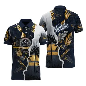 Modelo Inspired Tropical Torn Paper Polo Shirt – Navy & Gold Palm Leaf Beach Graphic Performance Polo, Summer Beer Theme Short Sleeve Golf Shirt, Breathable Athletic Casual Top for Men, Vacation Party Outfit, Beer Lover Gift