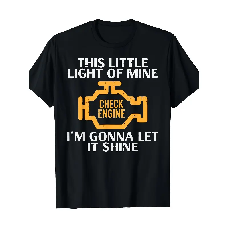 Men's Oversized Funny Auto Mechanic Check Engine Light CEL Graphic T-Shirt - Heavy-Duty Menswear Top, Short-Sleeve Round Neck, for Car Enthusiasts, Garage or Casual Streetwear Attire