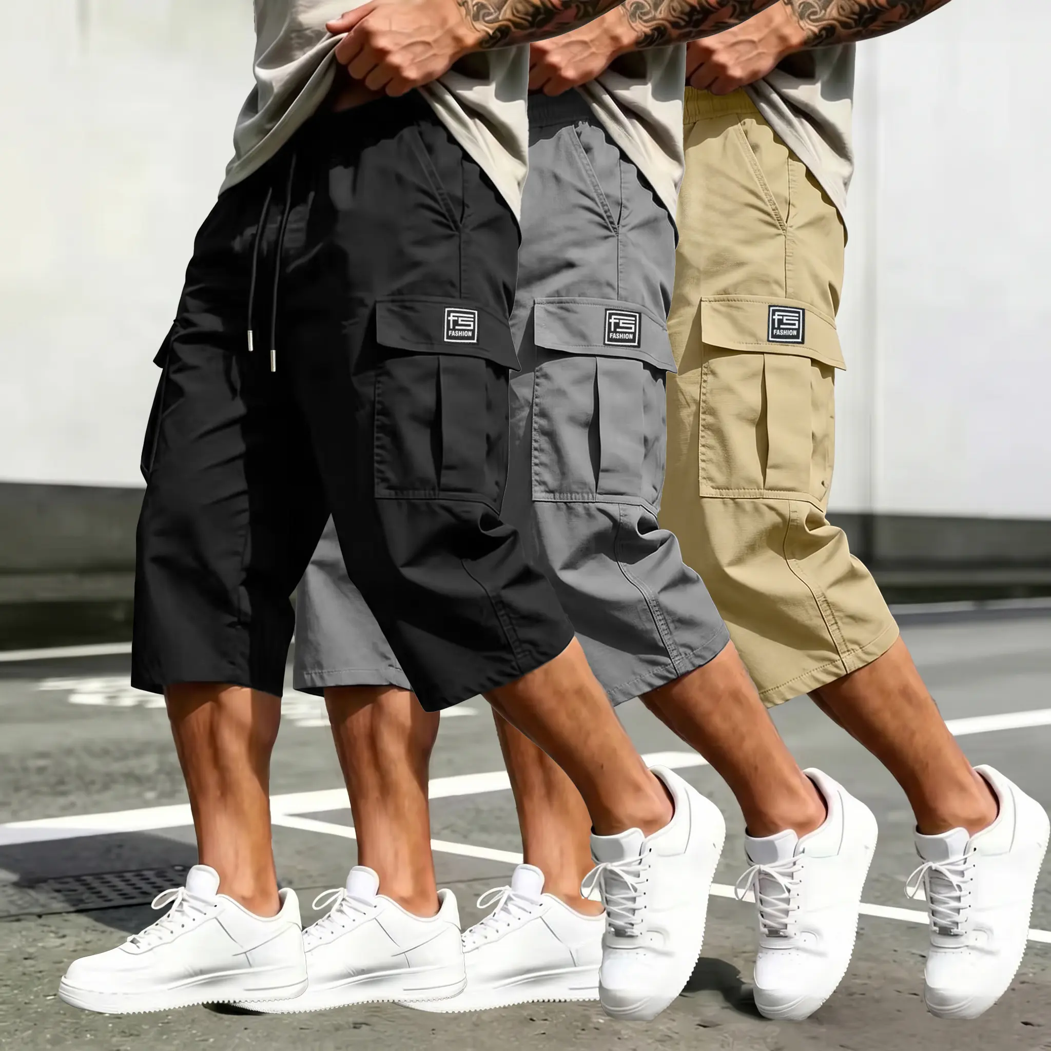 Men’s Plain Cargo Capri Shorts - Relaxed Fit, Casual Streetwear, Multiple Pockets, 3/4 Length, Comfortable, Stylish, Ideal for Everyday Wear, Cargo Style Shorts