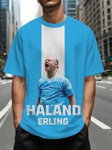 Men's Haaland Football T-Shirt, Manchester City Fan Street Style Round Neck Short Sleeve Top, Loose-Fit Geometric Pattern, All Seasons