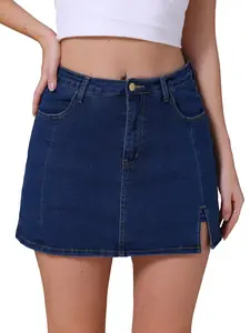 INSPIRE CHIC Women's Jean Skort Summer High Waisted A-Line Stretch Side Slit Mini Denim Skirts Small Dark Blue