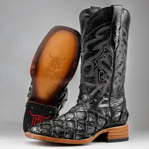 Silver Jumbo Pirarucu Print Leather Boots - Square Toe