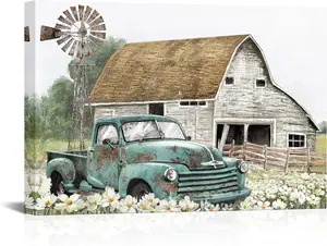 Farmhouse Decor Wall Art Pictures- Old Barn Windmill Teal Car Canvas Arts Rustic Country Landscape Painting Picture Wall Decor Framed (Teal blue) SHJY-02388