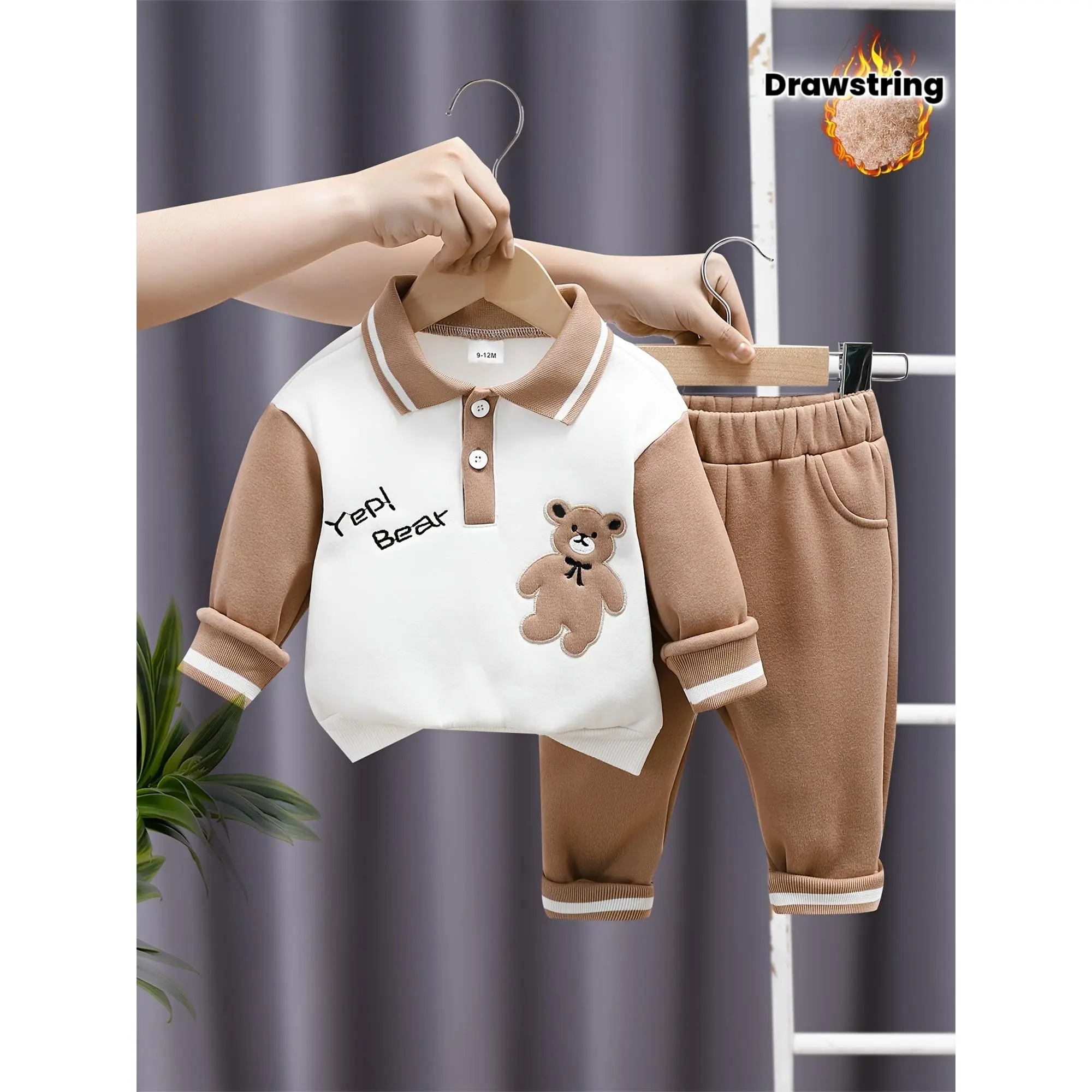 Boys' Fleece Bear Set & Cute Toddler Outfit Khaki Brown Color Block Ultra Soft Collar Hoodie 3D Embroidered Bear Design Warm Lined Thermal Pants with Drawstring for First Birthday Party Daily Walks Kindergarten Wear AR4325167