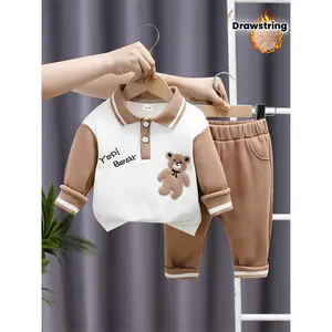 Boys' Fleece Bear Set & Cute Toddler Outfit Khaki Brown Color Block Ultra Soft Collar Hoodie 3D Embroidered Bear Design Warm Lined Thermal Pants with Drawstring for First Birthday Party Daily Walks Kindergarten Wear AR4325167