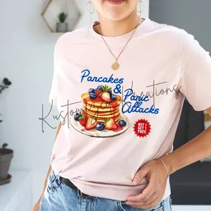 Pancakes & Panic Attacks • T-shirt Tee Shirt Comfortable Unisex Top Sublimation Casual Graphic Shirts Funny Cute Sarcastic Stylish Mental Health