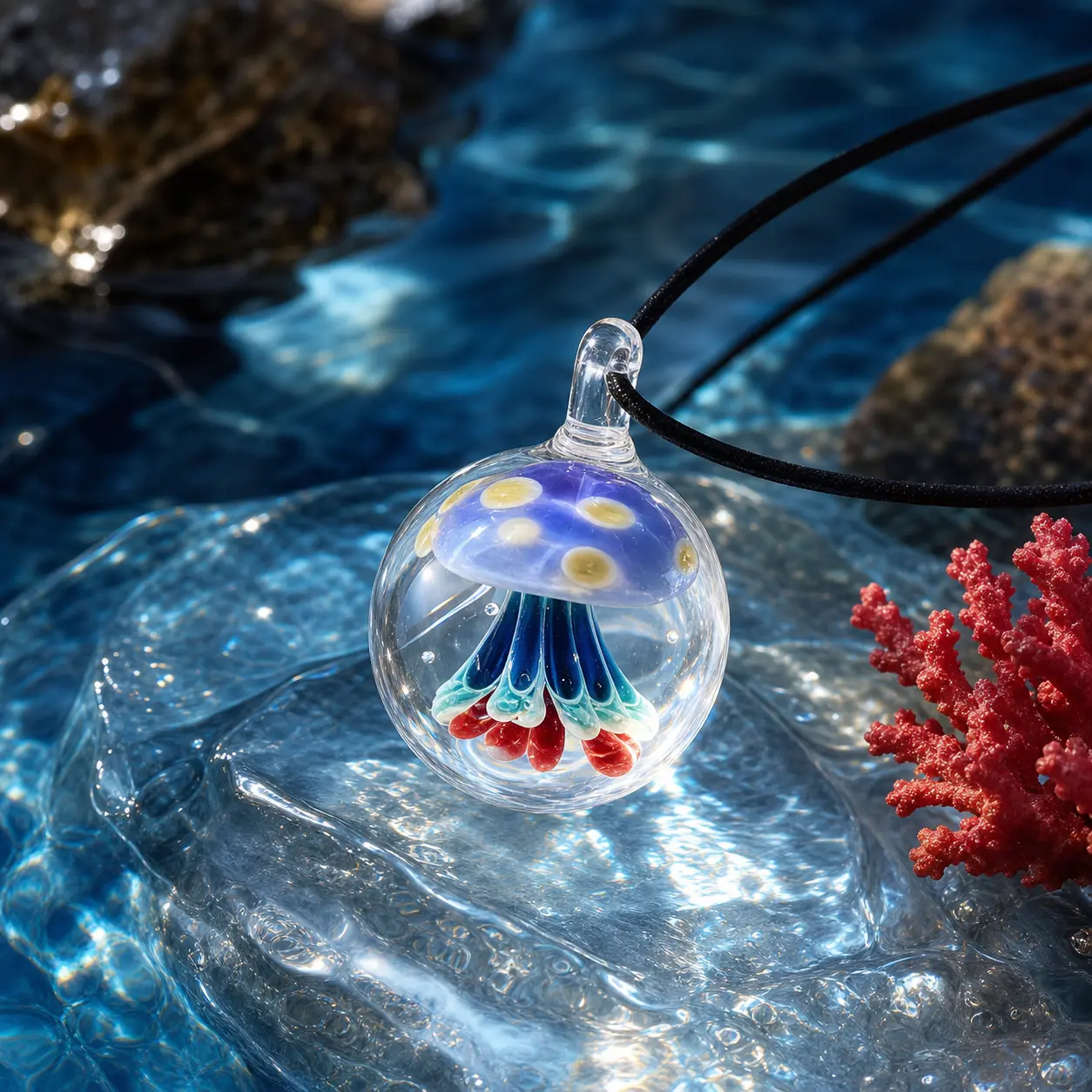Pastel Pink Jellyfish Orb Pendant Necklace, Hand-Blown Lampwork Glass with Natural Crystal, Ocean-Inspired Unisex Artisan Jewelry, Handmade Craft, Gift Ideas