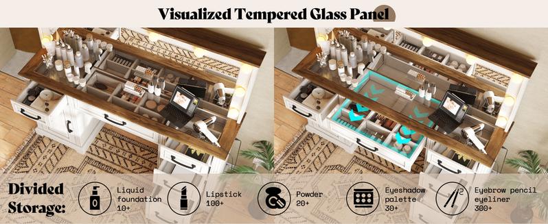 AMERLIFE 55.1" W Makeup Vanity with Hollywood Mirror, Glass Top Vanity with 5 Drawers & Adjustable Cabinet & Charging Station, 10 Detachable Light Bulbs, Bedroom/Salons/Best Gift Ideas/Christmas Gifts AMERLIFE 55.1" W Makeup Vanity with Hollywood Mirror, Glass Top Vanity with 5 Drawers & Adjustable Cabinet & Charging Station, 10 Detachable Light Bulbs, Bedroom/Salons/Best Gift Ideas/Christmas Gifts