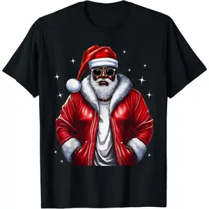 1pc African American Santa Christmas Pajama-Style T-shirt - Cool black color, pajama fit, soft skin-friendly fabric, breathable, unisex, balances comfort & festivity, solves scene-switch need