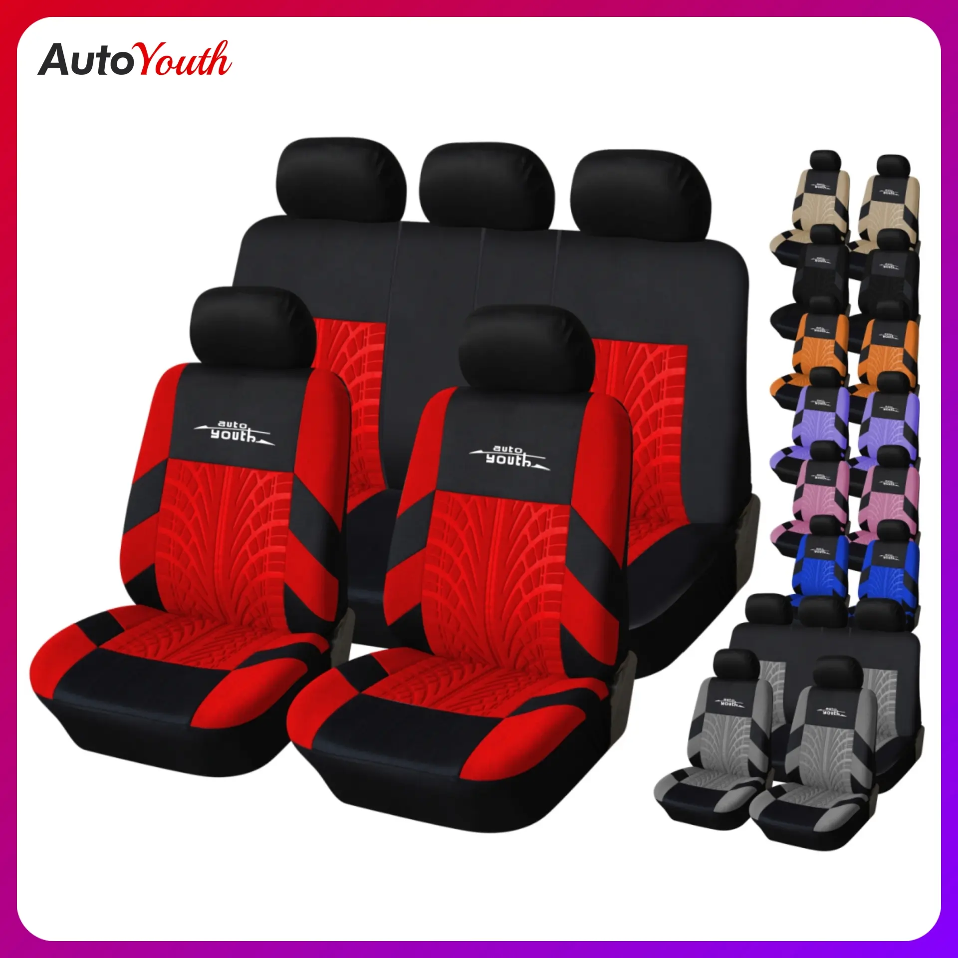 Full Set Car Seat Covers Universal for 5 Seats, Breathable Fabric Seat Covers for Front and Rear Seats, Airbag Compaible, Fit Most Autos SUVs Trucks Vans, Red Black Gray Car Decor, Truck Accessories, Car Accessories, Car Interior Kit