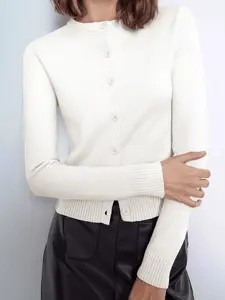 Women's White Elegant Solid Color Round Neck Front Button Long Sleeve Cardigan Fashionable Knitwear Top
