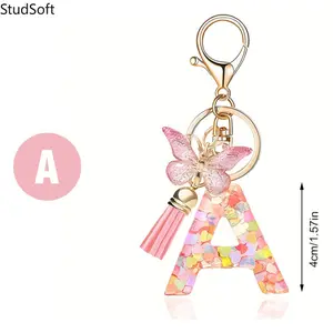 2026 New Fashion Pink 26 Letters Keychain with Heart Sequin Butterfly Tassel, Cute Initial Key Ring for Bags, Backpacks, Car Keys, Sweet Decorative Pendant Gift for Women Girls