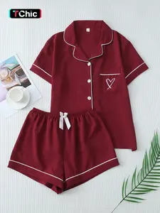 Women's Plus Size Pajama Set, Summer Short Sleeve Lapel Embroidered Top & Bow Shorts, Casual Home Wear, Loungewear, Floral Pattern, Moderate Fabric