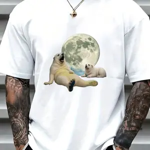 Whimsical Polar Bears Full Moon Oversized T-Shirt - 100% Cotton, Super Soft & Breathable Summer Tee with Artistic Graphic Print, Casual Streetwear Style for Men, Perfect Gift for Animal Lovers and Art Enthusiasts