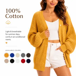 QUALFORT Women’s Plus Size Casual Oversized Basic Cotton Knit Cardigan, Lightweight Long-Sleeve Button-Down Lantern-Sleeve Knitwear Clothes for AC Indoor Longsleeves Womenswear