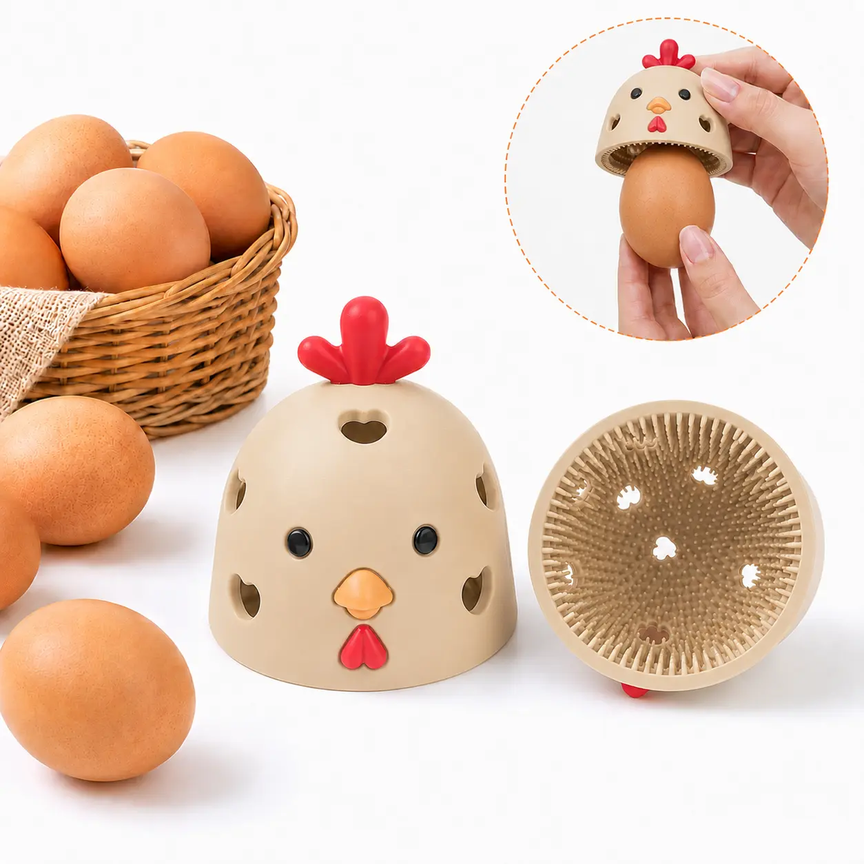 Egg Brush Cleaner for Fresh Eggs, Cute Chicken Shape Silicone Egg Washer Scrubber, Flexible Bristle Cleaning Tool for Backyard Chicken Eggs, Fruits and Vegetables, Reusable Kitchen Gadget, Farmhouse Gift
