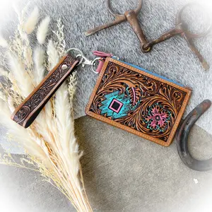 Aztec Design Western Tooled Leather Card Holder with Wristlet Strap