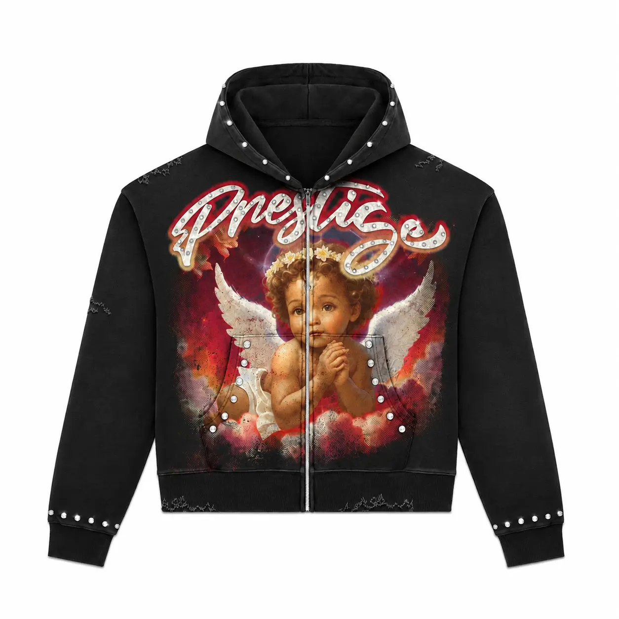Prestige Vintage Cherub Rhinestone Zip-Up Cropped Hoodie