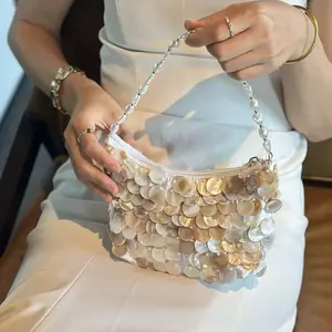 Ballerina Beaded Bag - Elegant Iridescent Sequin Evening Purse with Pearl Handle & Gold Chain Strap for Weddings & Parties