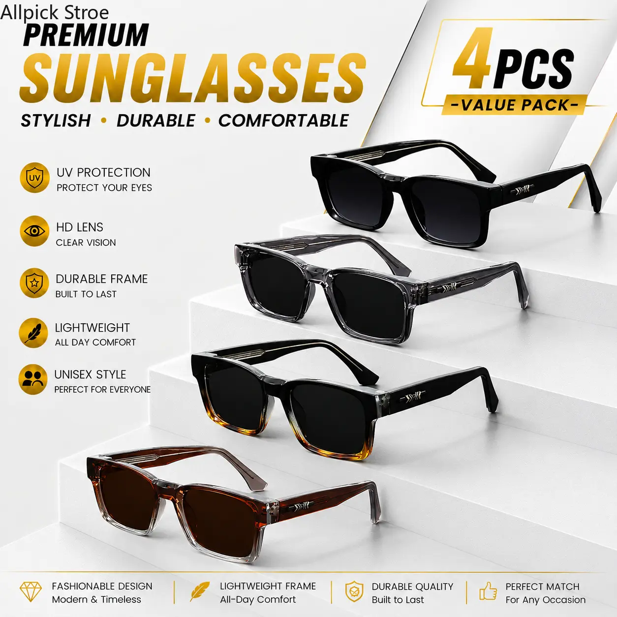 Men's 4-Pack Retro Square Sunglasses and Blue Light Glasses Bundle Lightweight TR90 Plastic Frame Japanese Style Fashionable Design for Daily Office Use