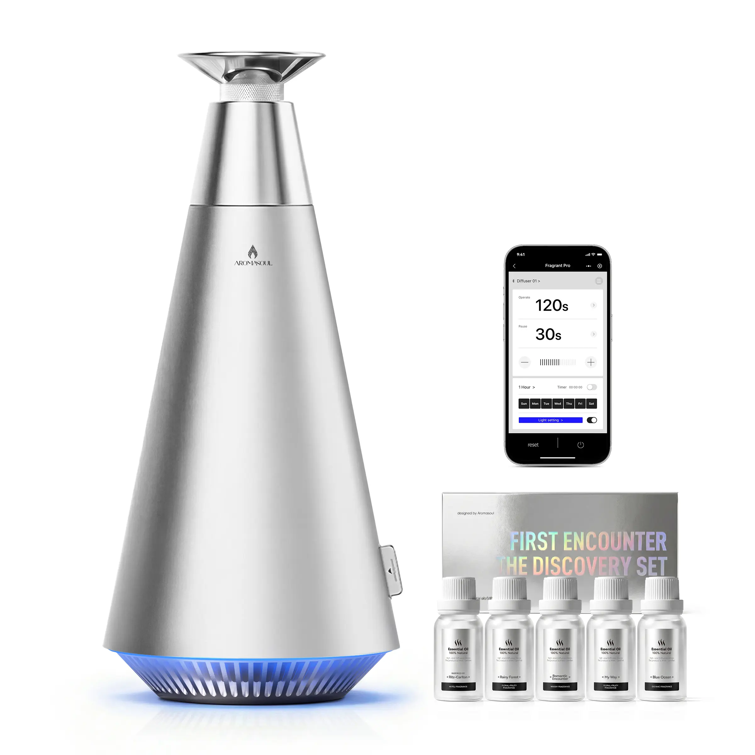 AROMASOUL Waterless Scent Diffuser Starter Kit - 1500 Sq Ft Coverage, Alloy Atomization System, Mood Light, Smart Rechargeable Hotel Fragrance Freshener, 120ml Essential Oil, Dry Mist No Mess, Silver for Home Spa, Large Room