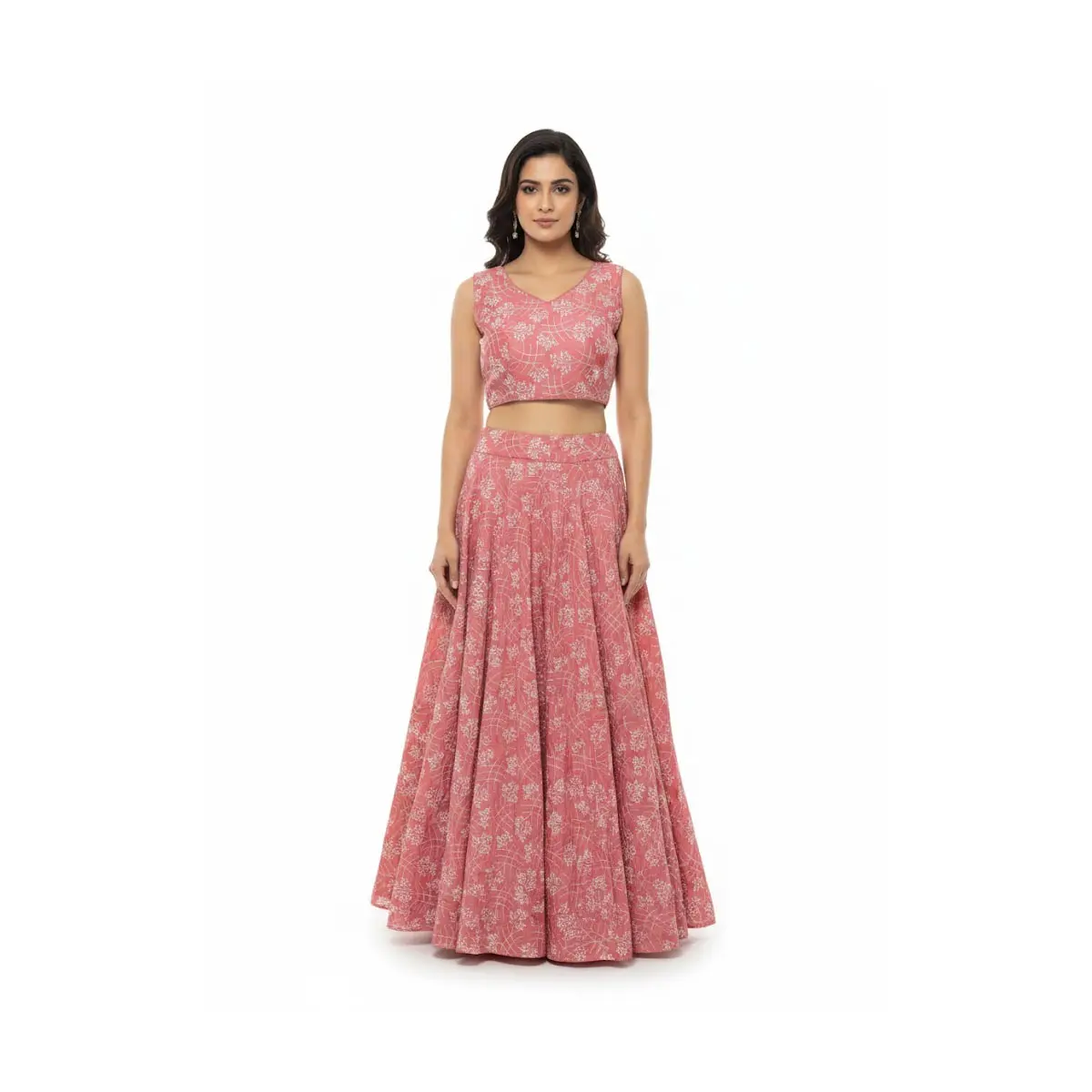 #K-49 Coral Pink Crop Top(Unstitched sleeve attached with blouse) & Skirt Set (2‑Piece)
