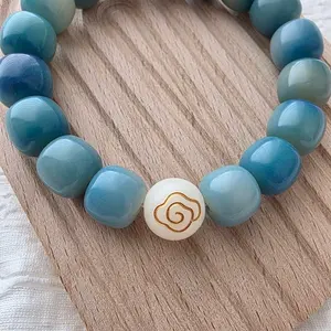 Natural Bodhi Bead Bracelet | Gradient Blue Barrel Shaped | Cloud Accent | Handmade Anxiety Relief Fidget | Calming and Spiritual Gift Ideas