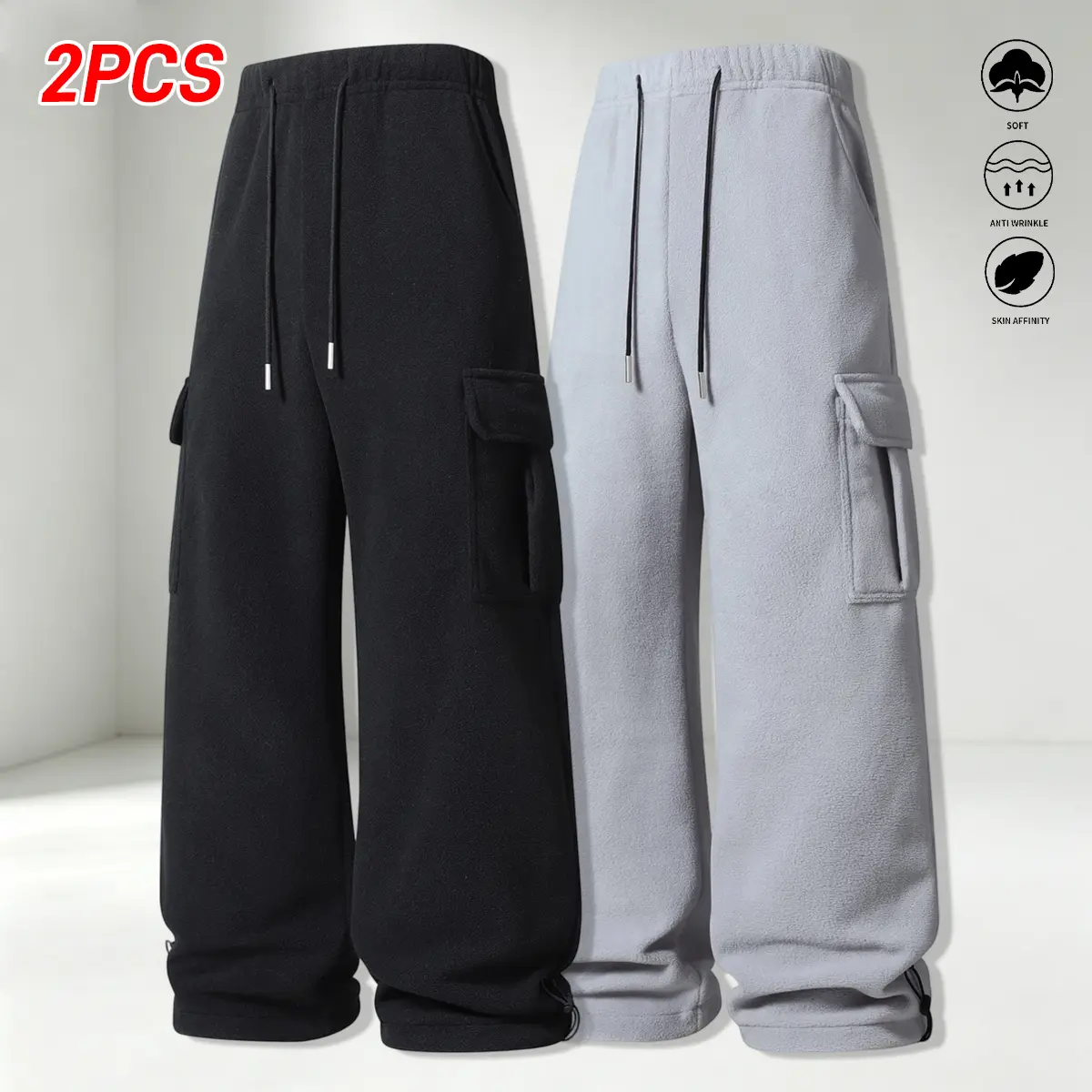 Men's Solid Color Casual Athletic Fleece Sweatpants (2 Pairs) - Polyester, Mid-Waist Elastic Waistband, Side Pockets, Adjustable Drawstring Cuffs, Soft Comfortable, Autumn Winter Essential Menswear Bottoms