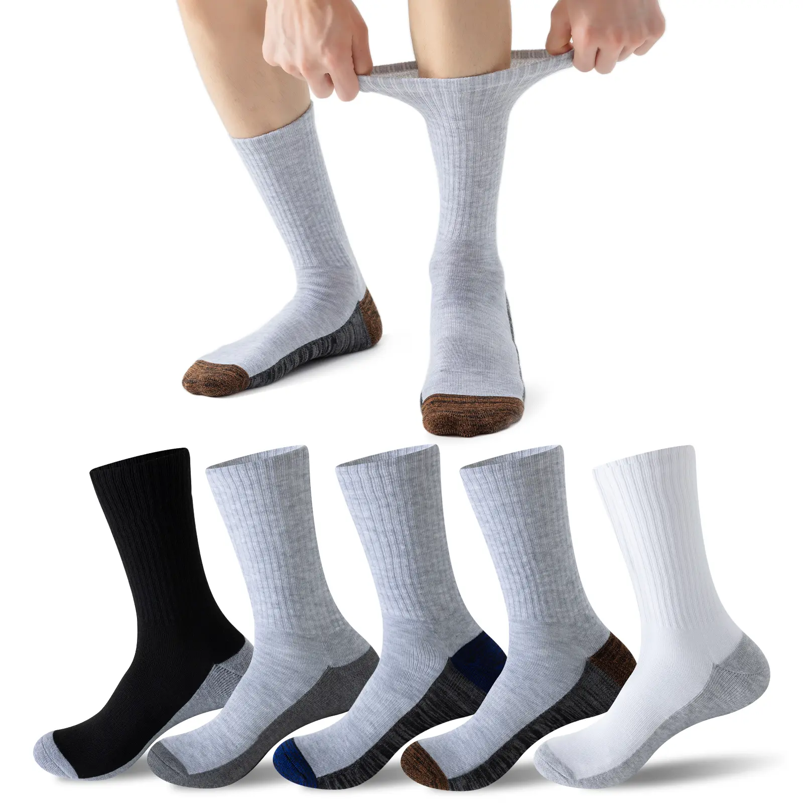 5 Pairs Stretchy Men's Crew Socks, Moisture Wicking Work Socks with Reinforced Toe and Heel, Arch Support Calf Socks, Footbed Terry Cushioning and Shock Absorption Menswear Black Breathable Compression