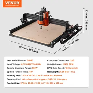VEVOR CNC Router Machine, 300W, 3 Axis GRBL Control Wood Engraving Carving Milling Machine Kit, 15.75x 15.75x 2.36 in/ 400x 400x 60mm Working Area 1200 RPM for Wood Acrylic MDF PVC Plastic Foam