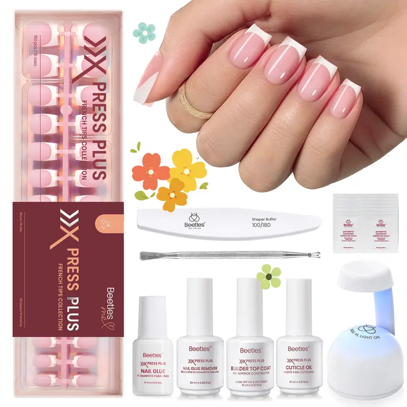 Beetles X Press Plus French Press On Nails Tips Kit, French Nail Pink Brown Short Square Almond Shape Natural Acrylic Nail Tips Effortless Beauty & DIY Manicures - mothersdaygift Spring Nail Summer Nail Vacation Nail #backtoschool