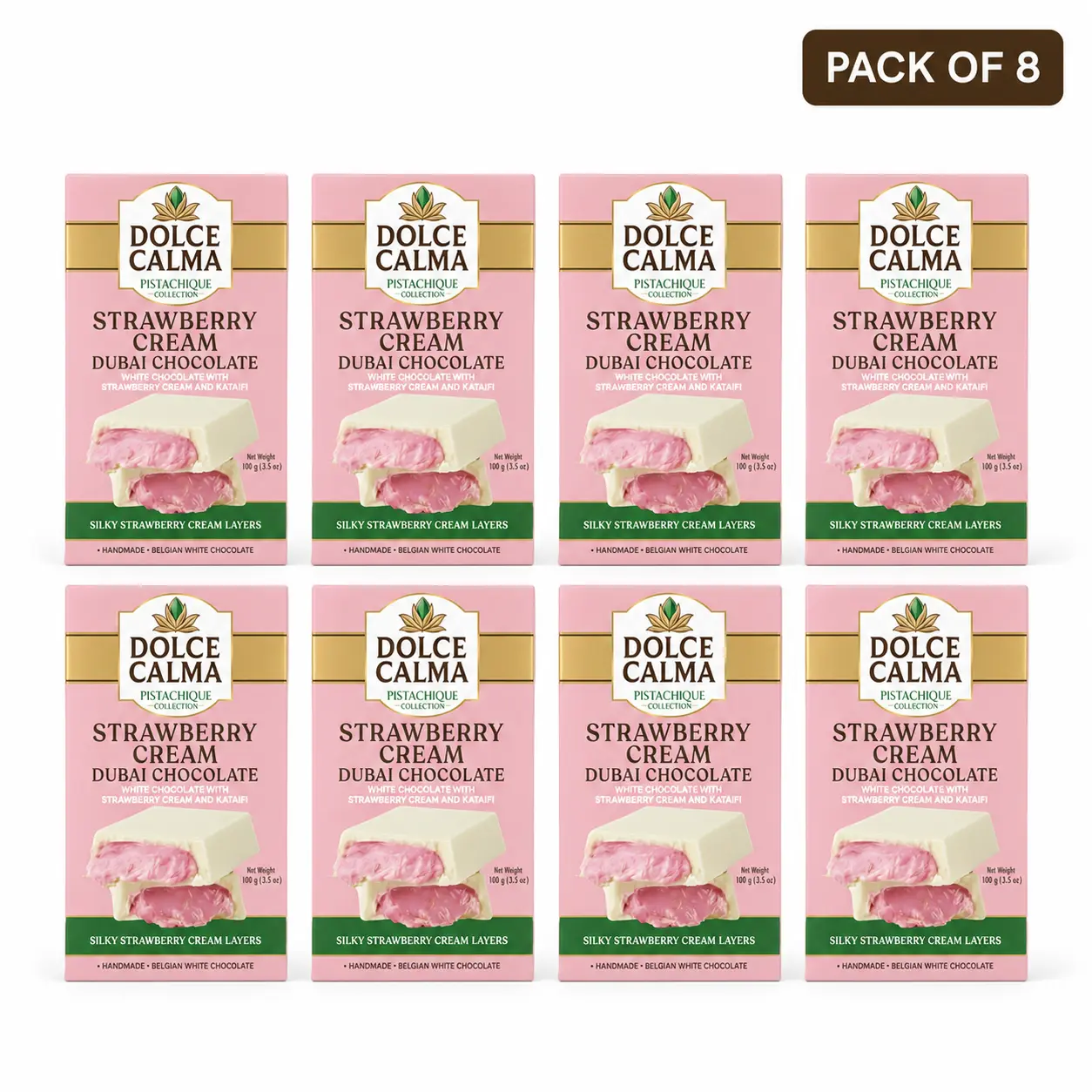 Dolce Calma Dubai Chocolate Bar Strawberry (100g / 3.5oz) – Viral Authentic Handmade Belgian Chocolate with Turkish Pistachio & Crispy Kataifi, Premium Quality Candy, Cream Kunafa Filling, No Palm Oil - Pack of 8