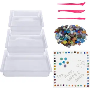 14 Pcs Square Stepping Stone Mold Kit, 3 Size DIY Garden Stone Molds, Includes Mosaic Tiles and Carving Tools for Outdoor Walkways Pavement Decoration, No Concrete Mix Included