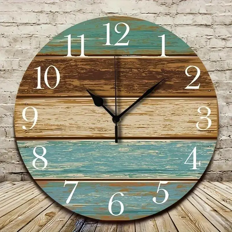 Vintage Beach Style Country Wall - Ocean Tones, Silent Wooden with Natural Wood Grain, Round Decorative Design, Home, tchen, Living Room & Office Decoration (Battery Not Included) prayer study decor creative clock large led mirror projection alarm 12in