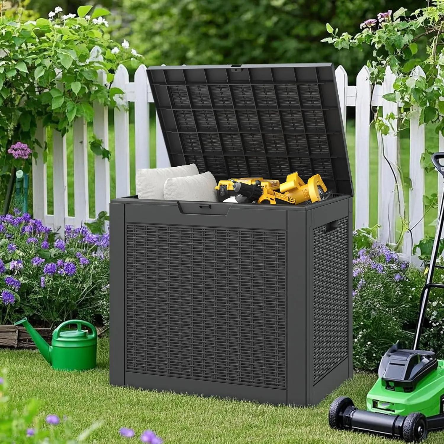 Gallon Outdoor Storage Box Waterproof Lockable Lid for Garden Tools Patio Cushions Accessories Deck Boxes Outside Package Delivery