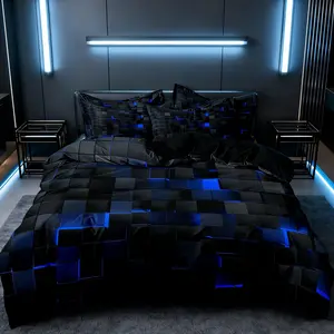 3-Piece 2D square black and blue pattern Bedding Set (1 Duvet Cover + 2 Pillowcases), Soft Comfortable Blue Pattern, Zipper Closure, Perfect Gift