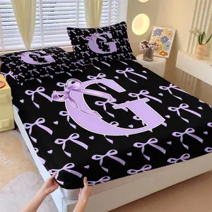 Purple Bow Monogram A-Z Letter Fitted Sheet Set, Coquette Style 3 Piece Bedding Set for Teens, Girls & Kids Bedroom, Dorm & Guest Room (1 Fitted Sheet + 2 Pillowcases)