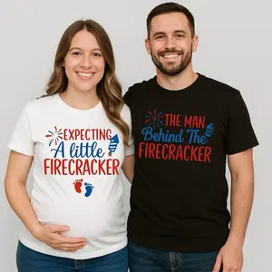 Expecting a Little Firecracker Pregnancy Announcement T-Shirt, Couples 4th of July Shirt, Patriotic Baby Reveal Tee, Mom Dad Outfit, Unisex Gift