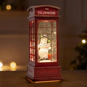 Large Snow Globes Snowman Christmas Lantern Glitter Vintage Phone Booth Music Box with 8 Songs 6H Timer Battery & USB Powered for Christmas Table Decorations