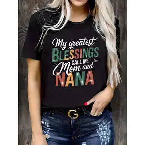 Womens Funny Mom Nana Graphic Short Sleeve T Shirt Vintage Colorful Blessings Quote Crewneck Tee for Mothers Day Grandma Gift Family Party Casual Wear