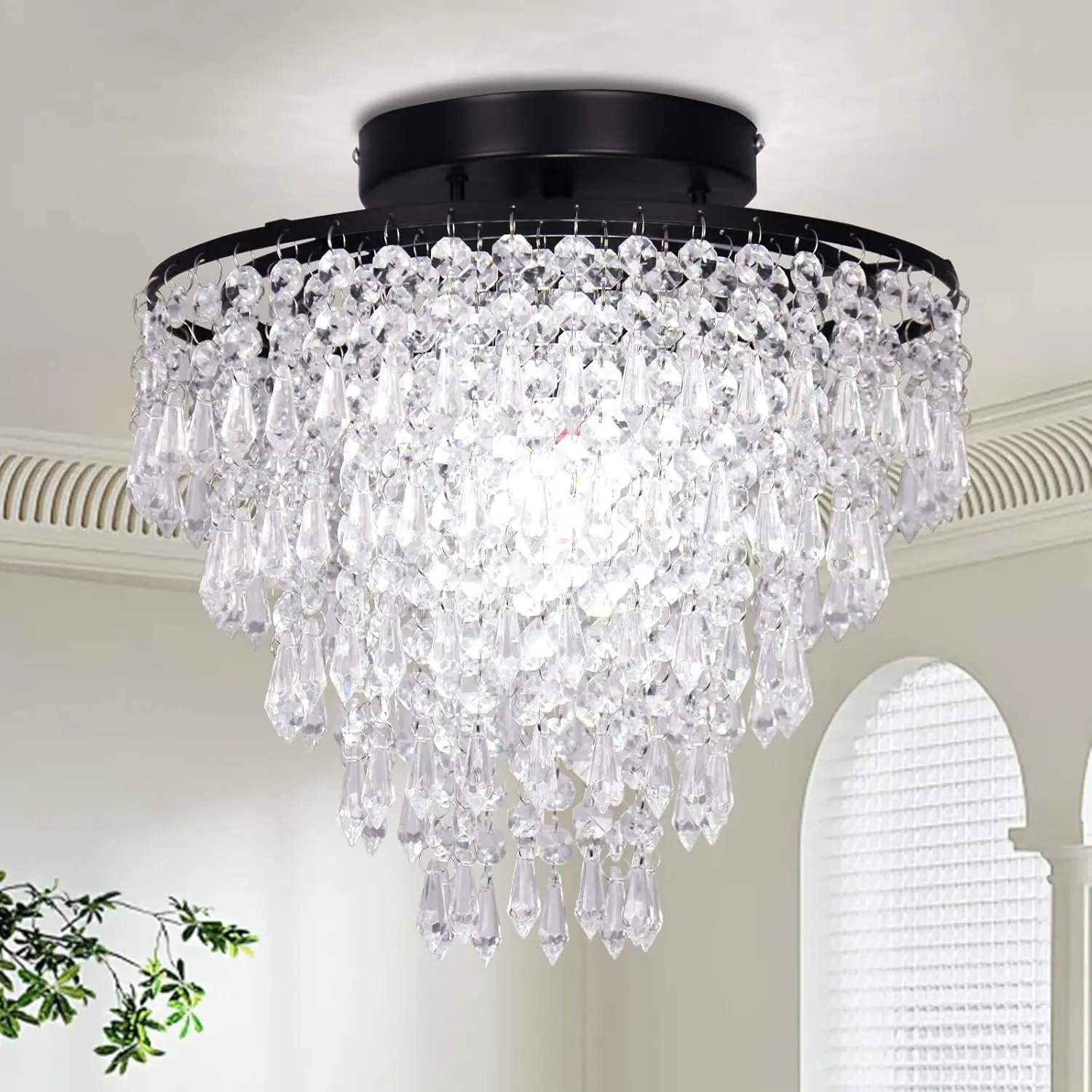[Bulb not included]  Round K9 Crystal Flush Mount Chandelier,  Rust - Free Baking Paint Base, for Bedroom/Living/Closet, Modern Luxury Style   QH-MC110