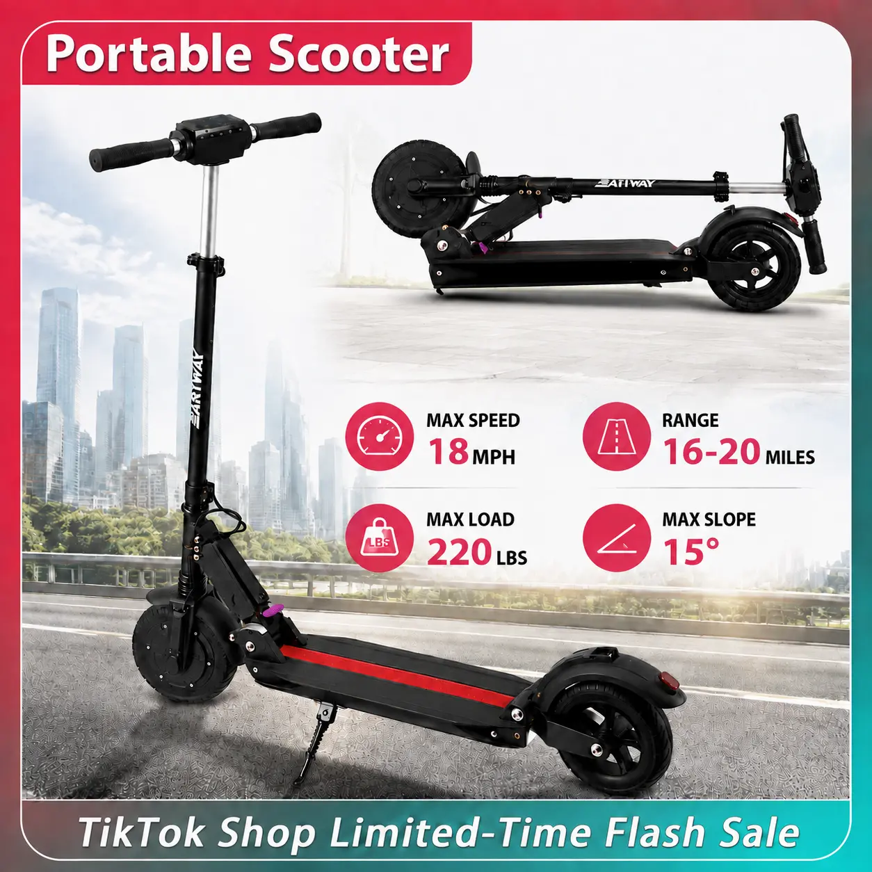 Folding Electric Scooter - 500W Peak Power, 18 MPH Max Speed, 16-20 Mi Range, 8.5" Tires, UL2272 Certified, 220 LBS Max Load, Foldable Portable for Teens & Adults (Sports & Outdoor Scooters Equipment)
