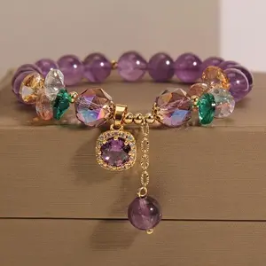 Purple Beaded Charm Bracelet with Colorful Crystal Accents - Elegant Women's Jewelry