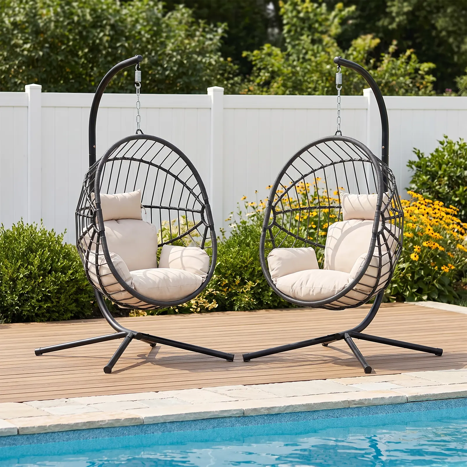 Set of 2 Egg Patio Swings Chairs, Wicker Hanging Pods with Stand, Perfect for Indoor/Outdoor Use, 330LB Capacity Each, Includes 2 Comfortable Cushions,Summervibes